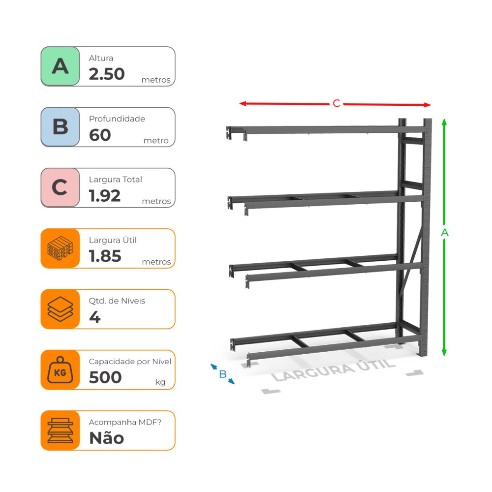 Mini Porta Paletes Complementar A250xL185xP60 - 4 Níveis 500 Kg Por Nível Sem MDF