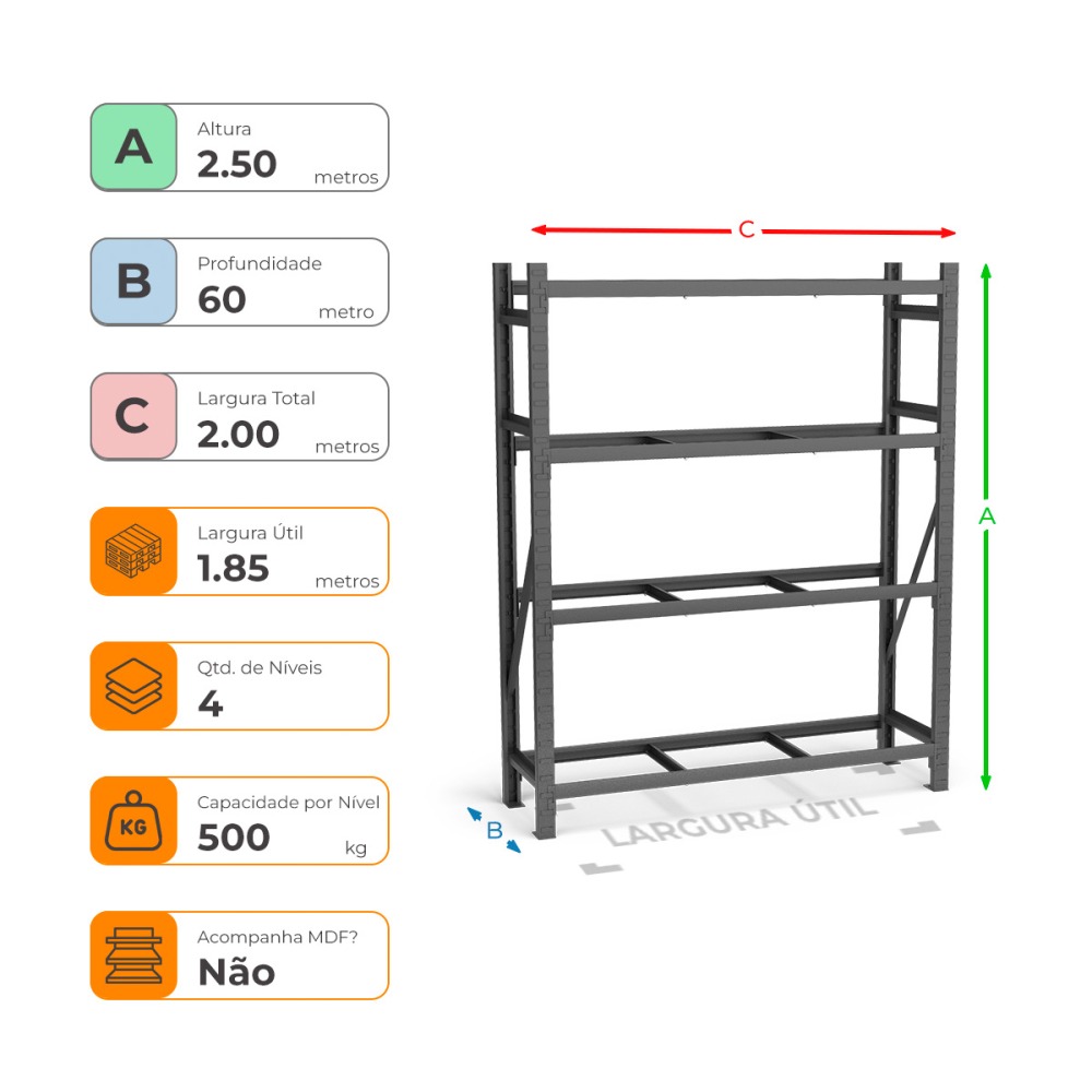 Mini Porta Paletes Inicial A250xL185xP60 - 4 Níveis 500 Kg Por Nível Sem MDF