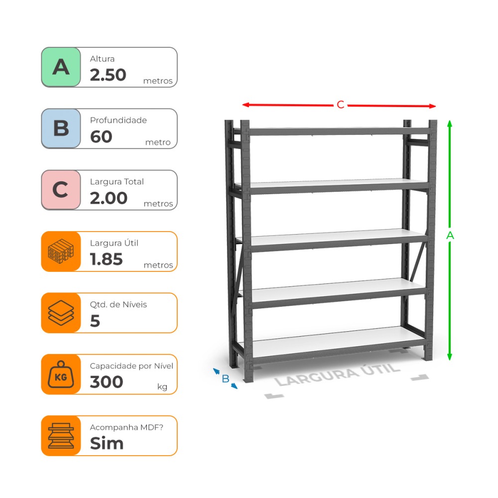 Mini Porta Paletes Inicial A250xL185xP60 - 5 Níveis 300 Kg Por Nível Com MDF