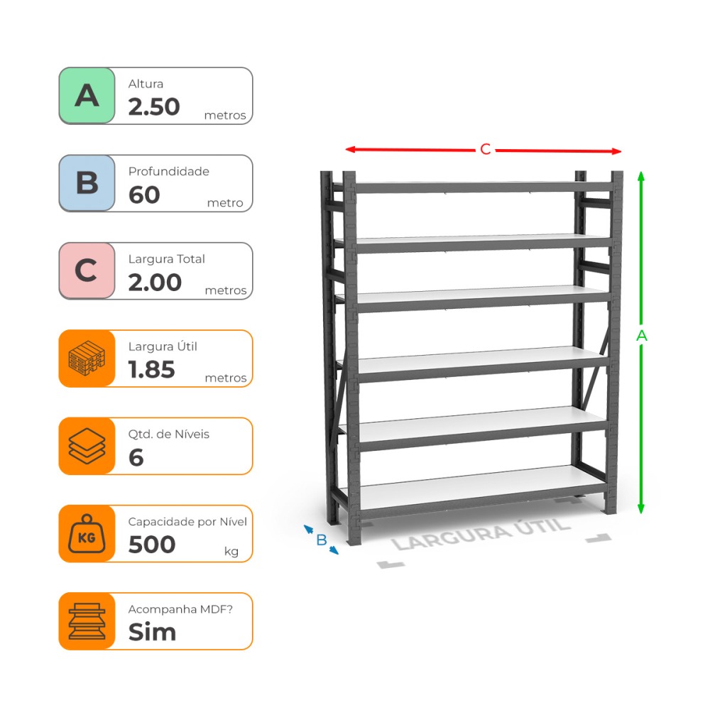 Mini Porta Paletes Inicial A250xL185xP60 - 6 Níveis 500 Kg Por Nível Com MDF