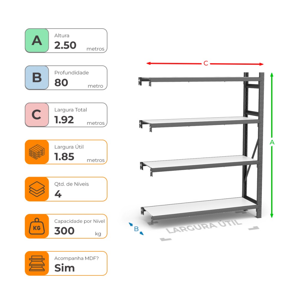 Mini Porta Paletes Complementar A250xL185xP80 - 4 Níveis 300 Kg Por Nível Com MDF