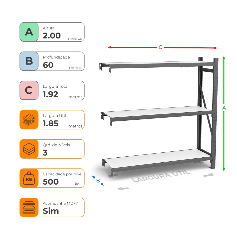 Mini Porta Paletes Complementar A200xL185xP60 - 3 Níveis 500 Kg Por Nível Com MDF