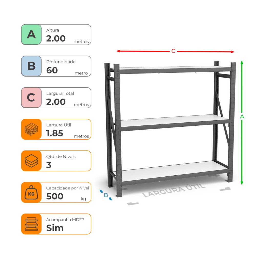 Mini Porta Paletes Inicial A200xL185xP60 - 3 Níveis 500 Kg Por Nível Com MDF