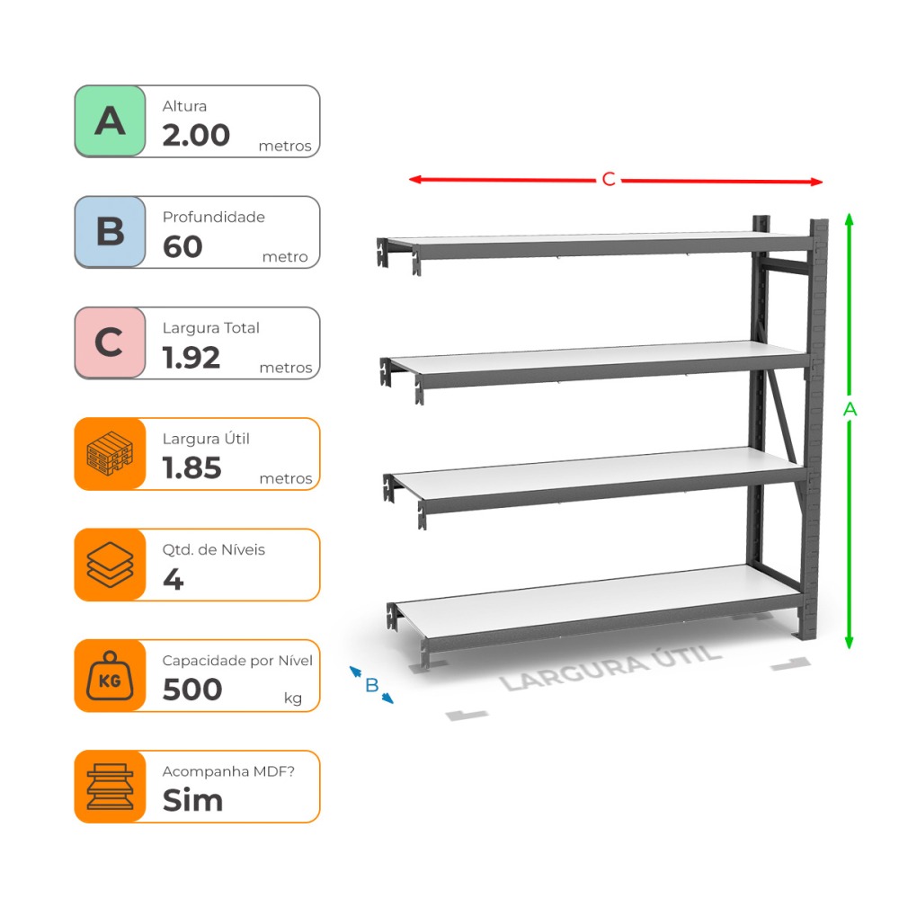 Mini Porta Paletes Complementar A200xL185xP60 - 4 Níveis 500 Kg Por Nível Com MDF