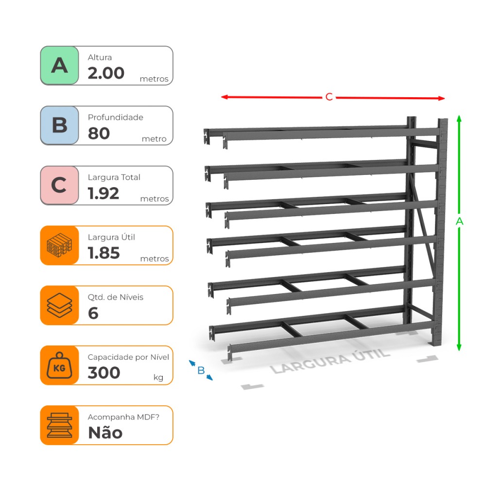 Mini Porta Paletes Complementar A200xL185xP80 - 6 Níveis 300 Kg Por Nível Sem MDF