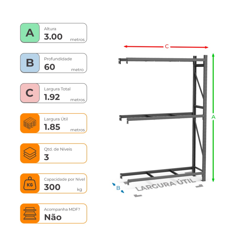 Mini Porta Paletes Complementar A300xL185xP60 - 3 Níveis 300 Kg Por Nível Sem MDF