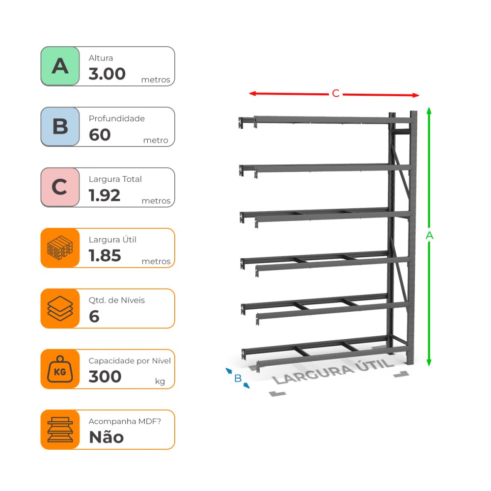 Mini Porta Paletes Complementar A300xL185xP60 - 6 Níveis 300 Kg Por Nível Sem MDF