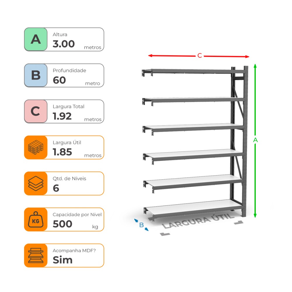 Mini Porta Paletes Complementar A300xL185xP60 - 6 Níveis 500 Kg Por Nível Com MDF