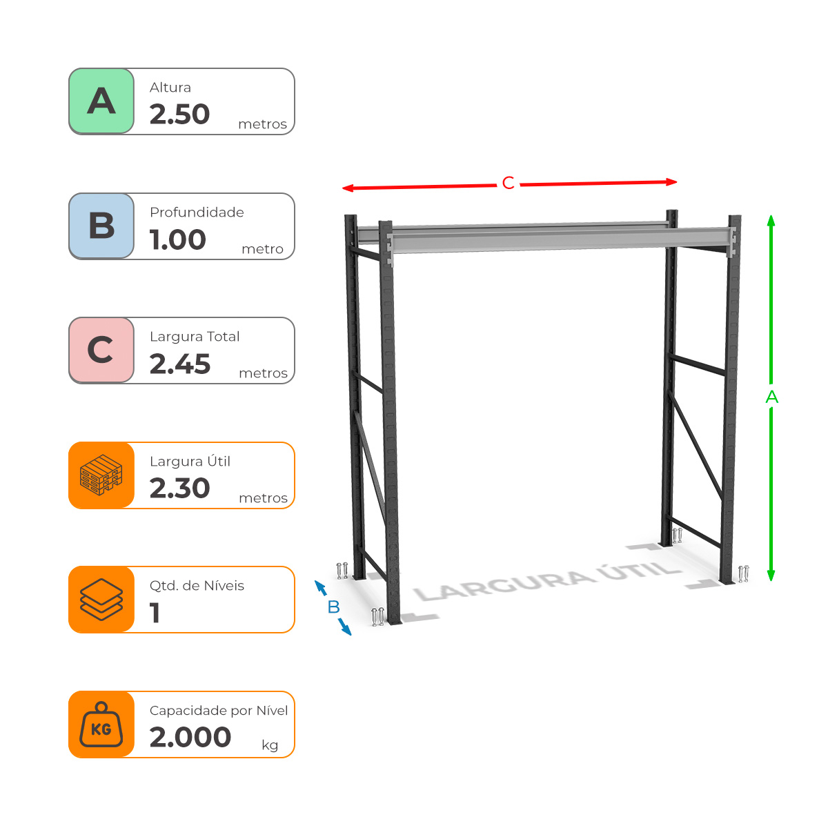 Porta Paletes Inicial A250xL230xP100 - 1 Nível 2.000 Kg Por Nível