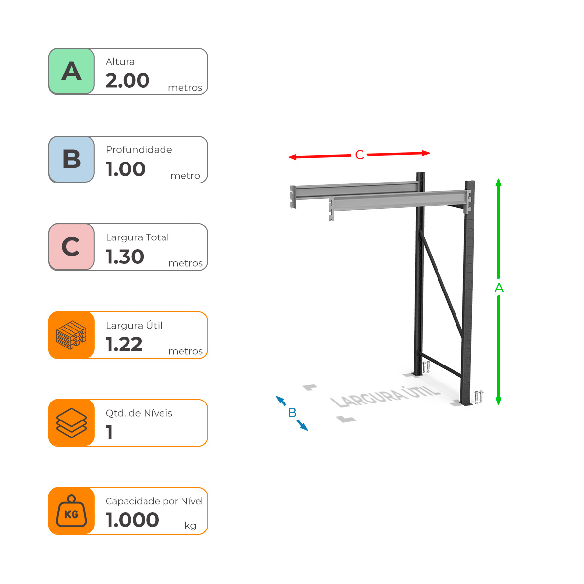 Porta Paletes Complementar A200xL122xP100 - 1 Nível 1.000 Kg Por Nível
