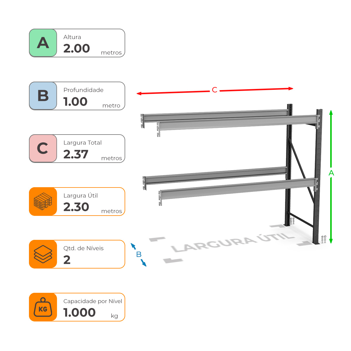 Porta Paletes Complementar A200xL230xP100 - 2 Níveis 1.000 Kg Por Nível
