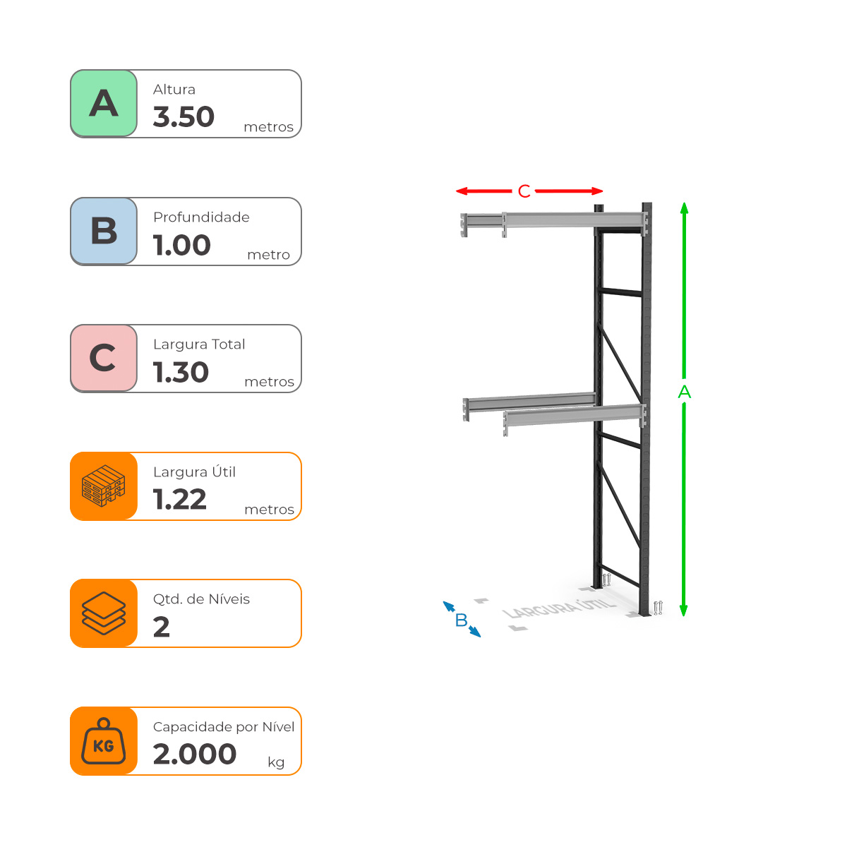 Porta Paletes Complementar A350xL122xP100 - 2 Níveis 2.000 Kg Por Nível