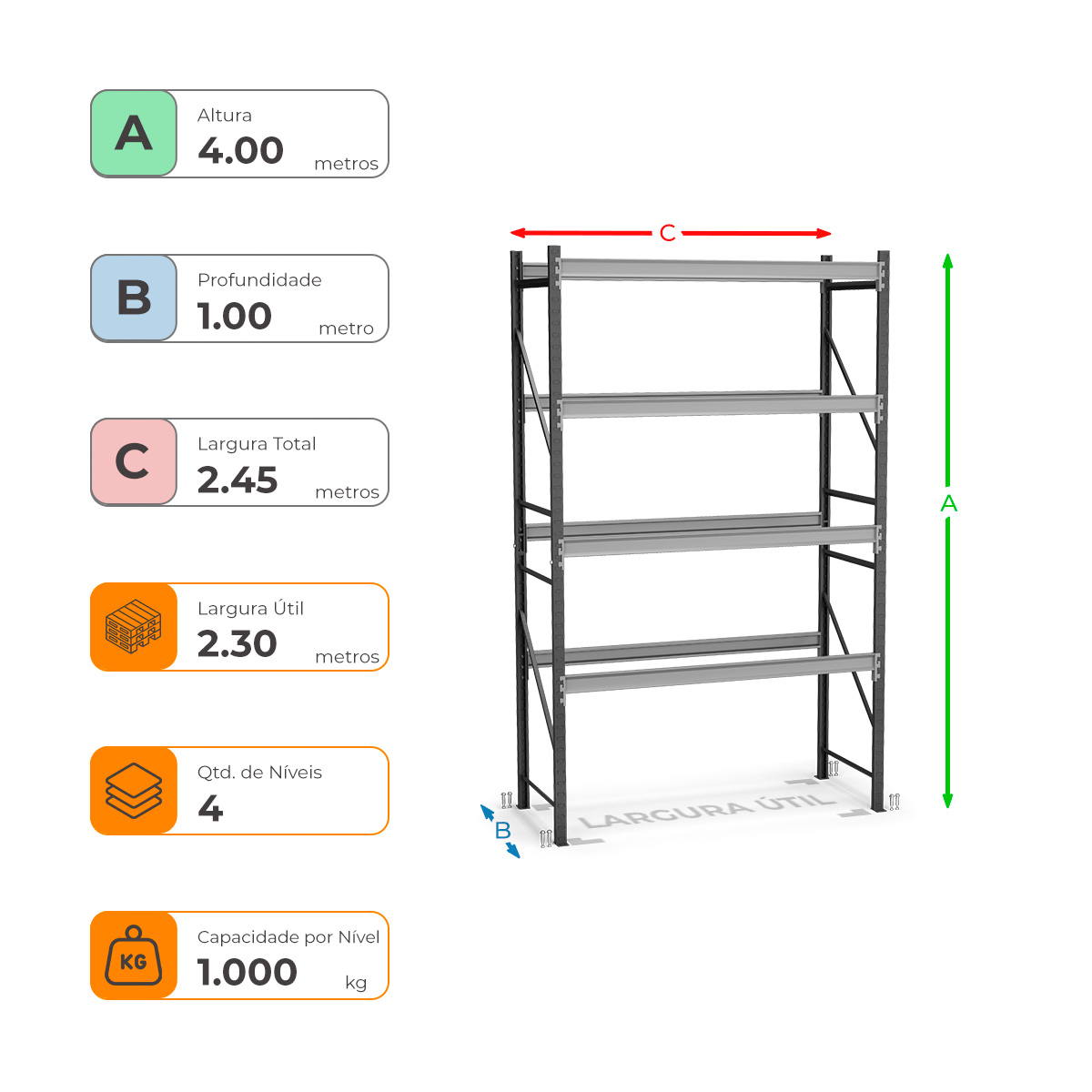 Porta Paletes Inicial A400xL230xP100 - 4 Níveis 1.000 Kg Por Nível