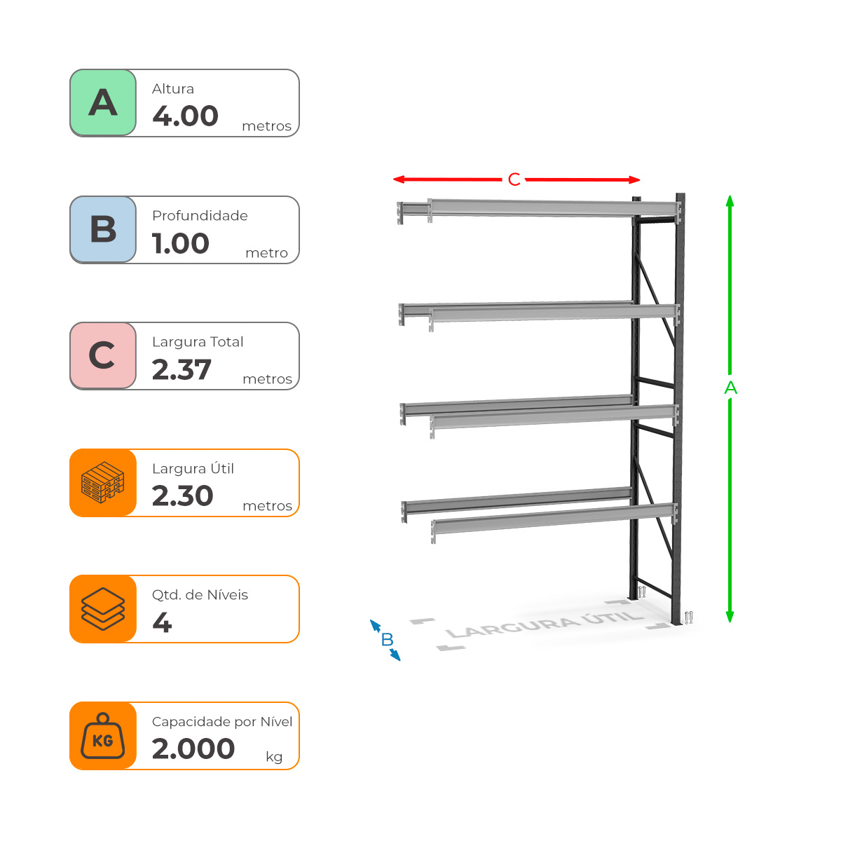 Porta Paletes Complementar A400xL230xP100 - 4 Níveis 2.000 Kg Por Nível