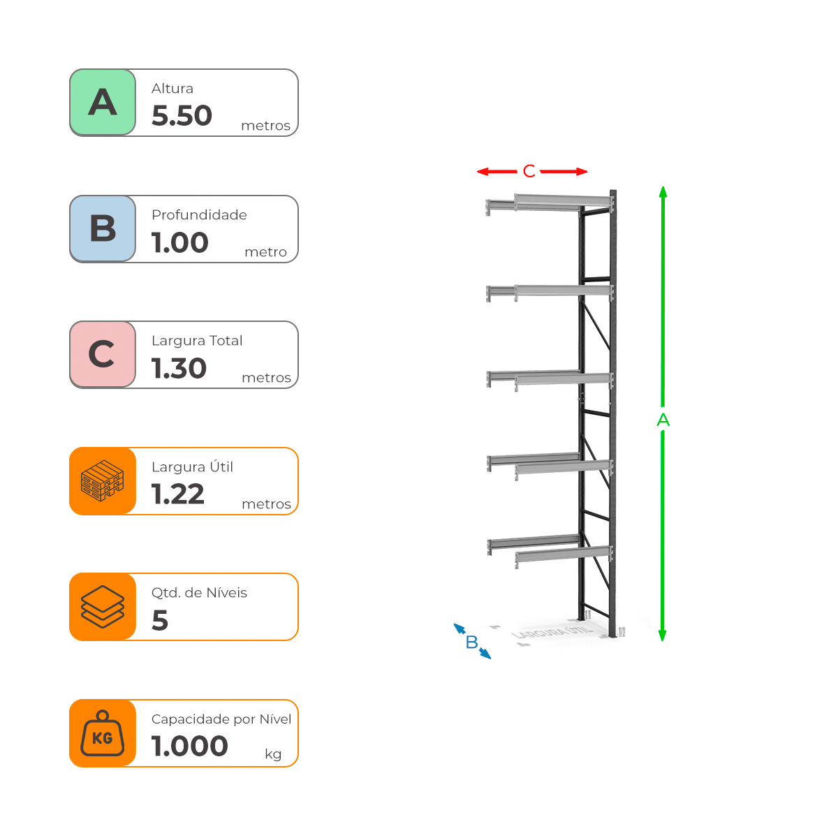 Porta Paletes Complementar A550xL122xP100 - 5 Níveis 1.000 Kg Por Nível