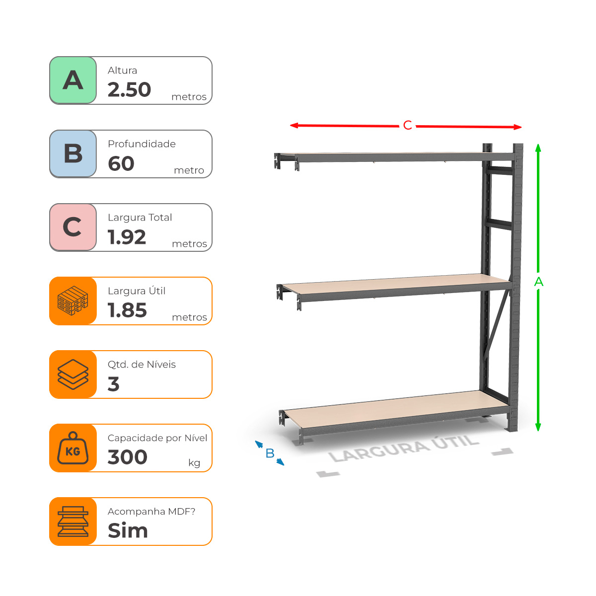 Mini Porta Paletes Complementar A2.50xL1.85xP0.60 - 3 Níveis 300 Kg por Nível MDF Std