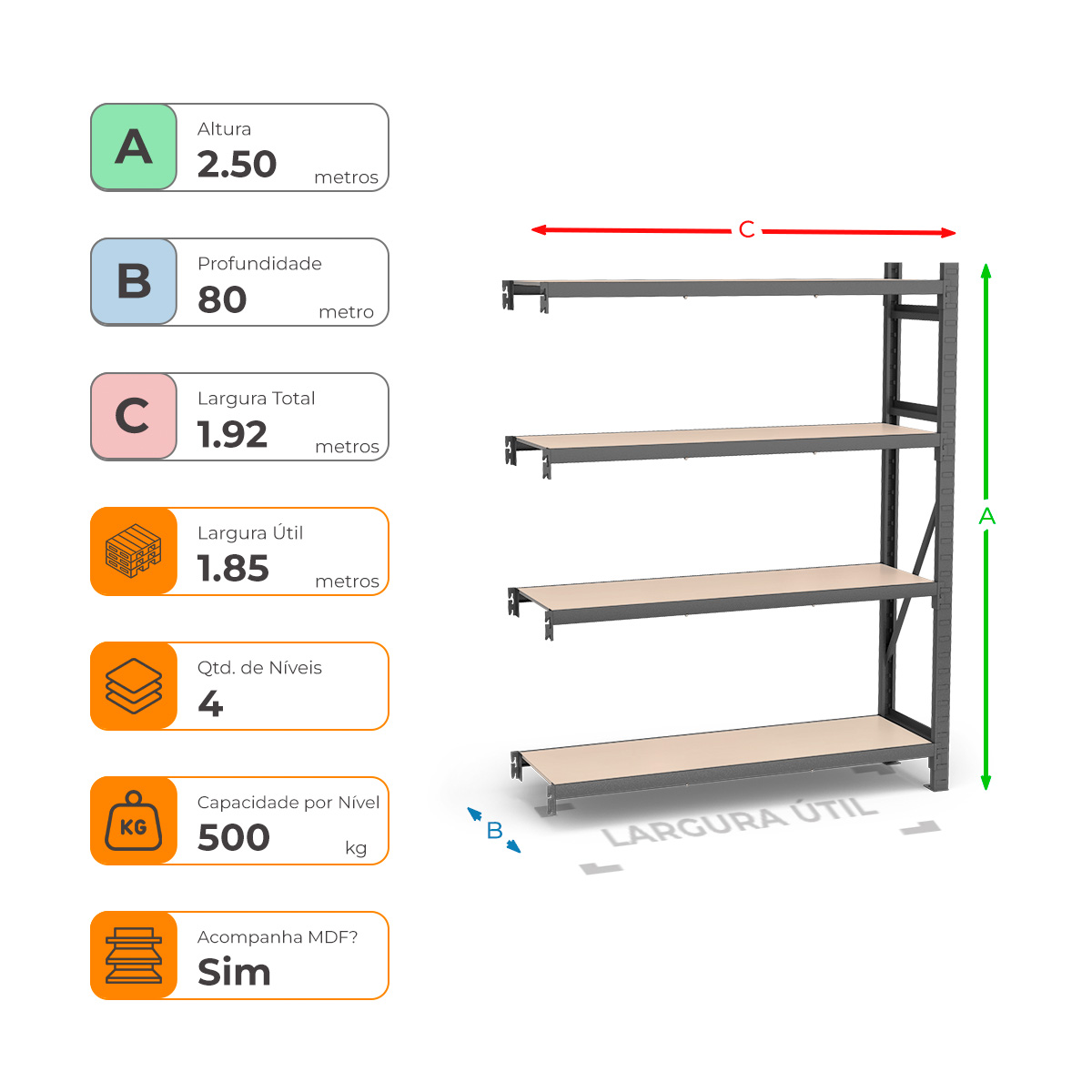 Mini Porta Paletes Complementar A2.50xL1.85xP0.80 - 4 Níveis 500 Kg por Nível MDF Std
