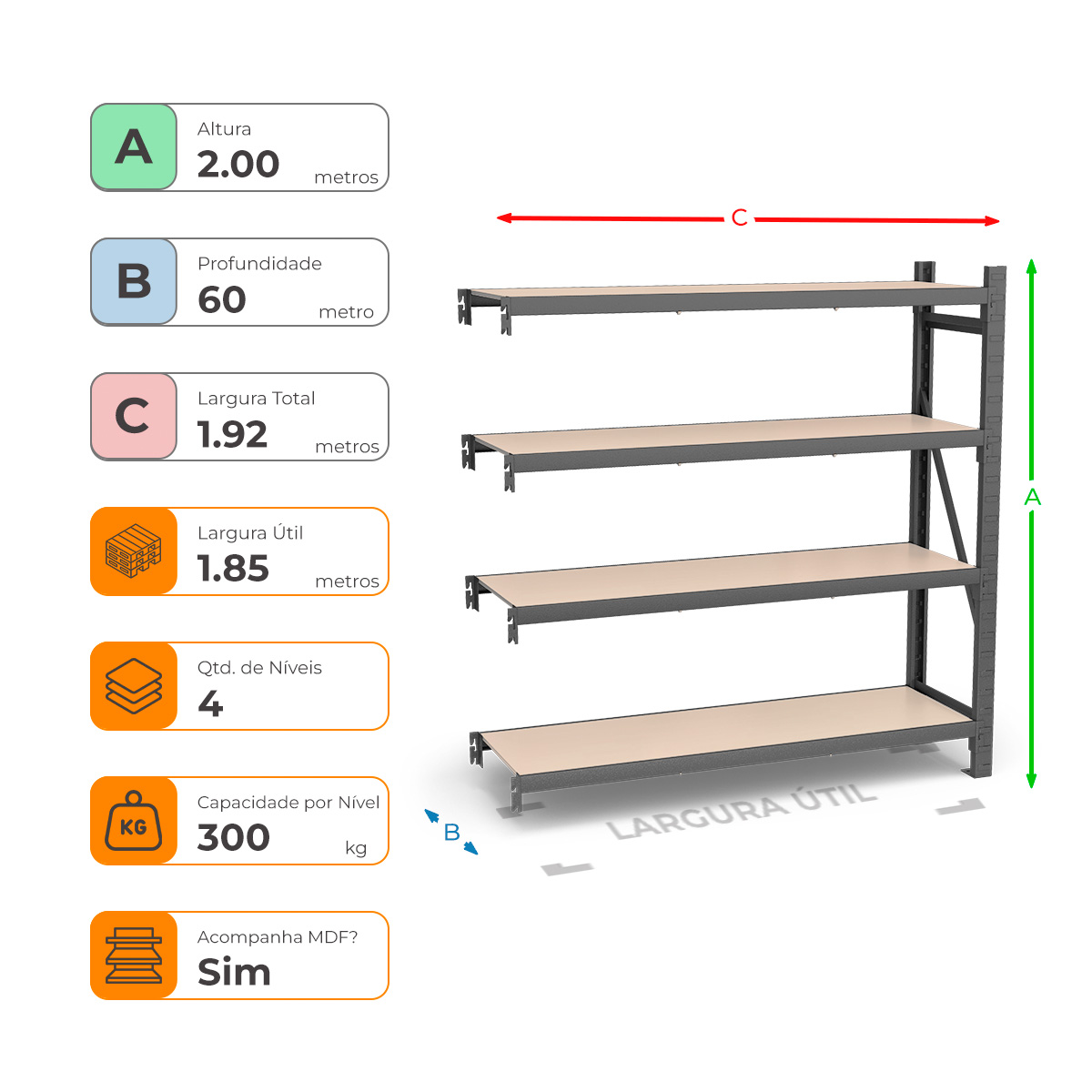 Mini Porta Paletes Complementar A2.00xL1.85xP0.60 - 4 Níveis 300 Kg por Nível MDF Std