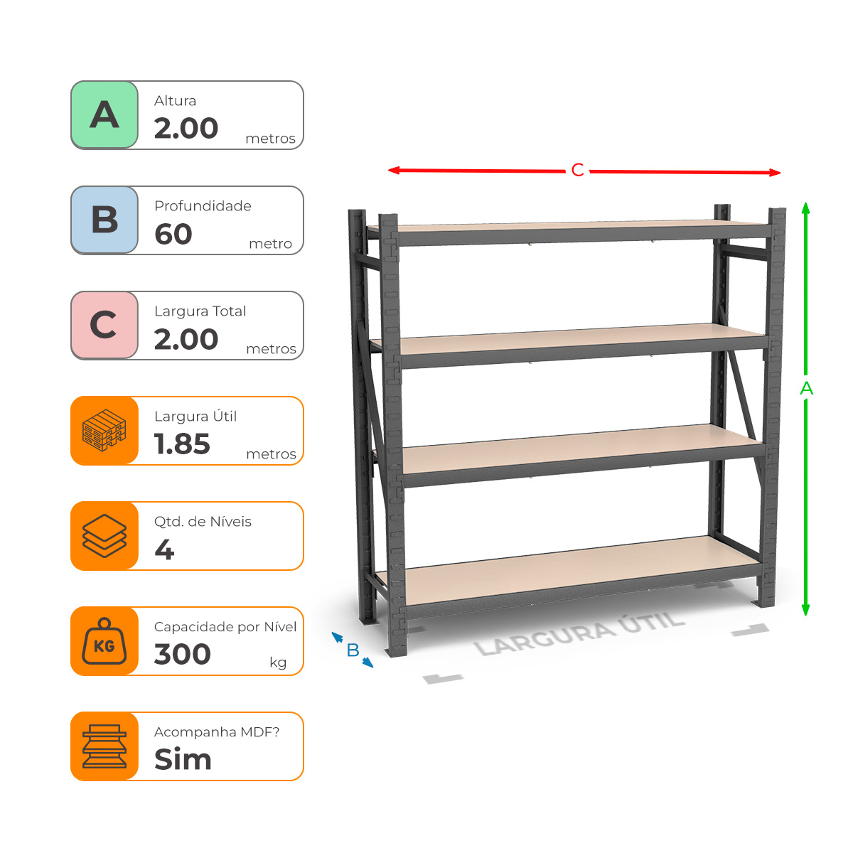 Mini Porta Paletes Inicial A2.00xL1.85xP0.60 - 4 Níveis 300 Kg por Nível MDF Std