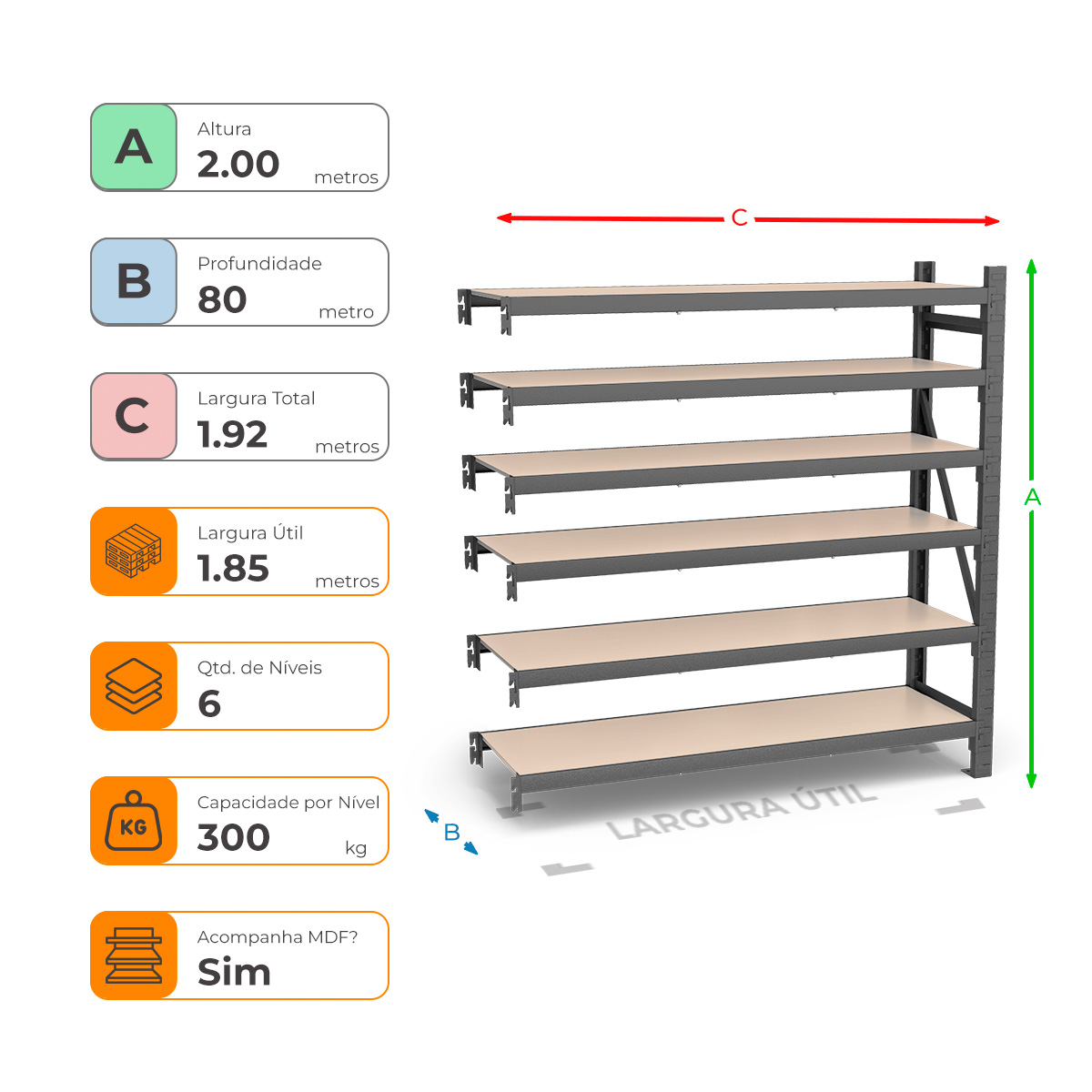 Mini Porta Paletes Complementar A2.00xL1.85xP0.80 - 6 Níveis 300 Kg por Nível MDF Std