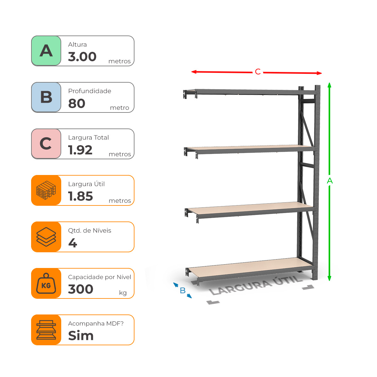 Mini Porta Paletes Complementar A3.00xL1.85xP0.80 - 4 Níveis 300 Kg por Nível MDF Std