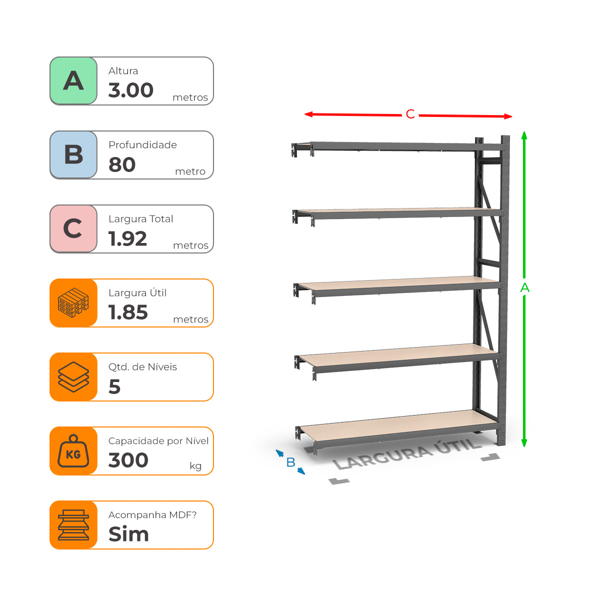 Mini Porta Paletes Complementar A3.00xL1.85xP0.80 - 5 Níveis 300 Kg por Nível MDF Std