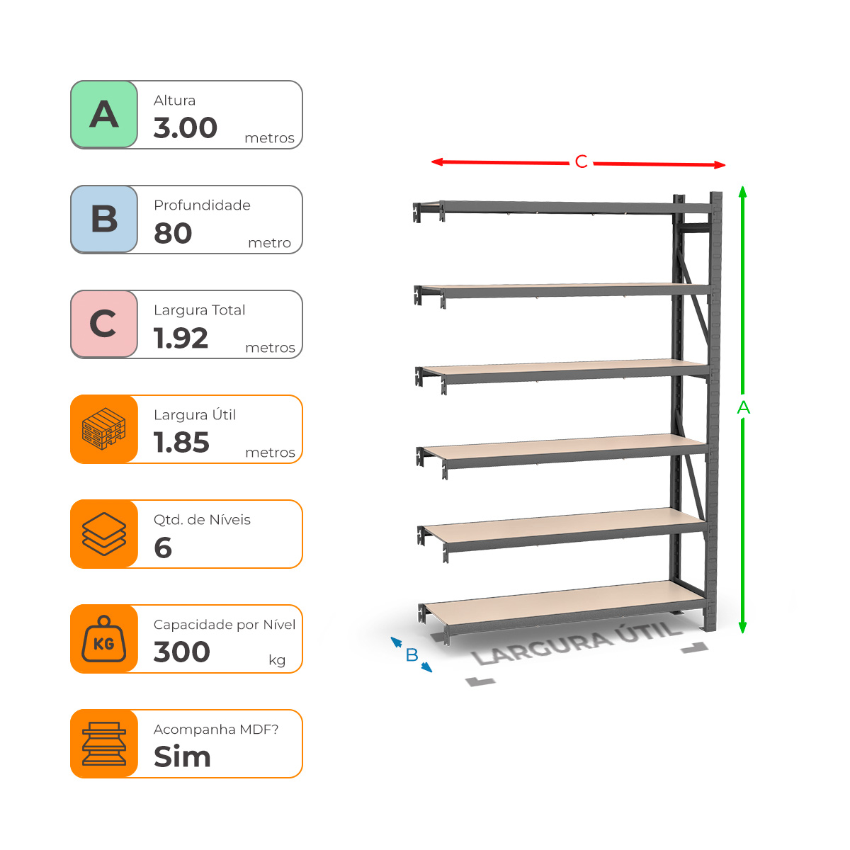 Mini Porta Paletes Complementar A3.00xL1.85xP0.80 - 6 Níveis 300 Kg por Nível MDF Std