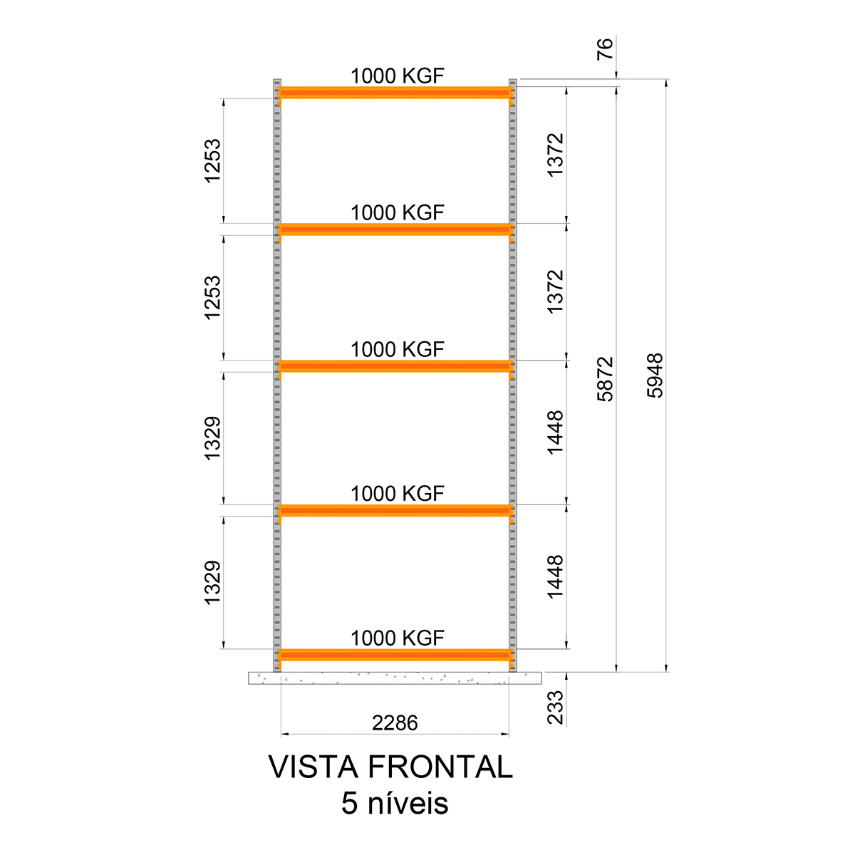Porta Paletes Inicial A600xL230xP100 - 5 Níveis 1.000 Kg Por Nível
