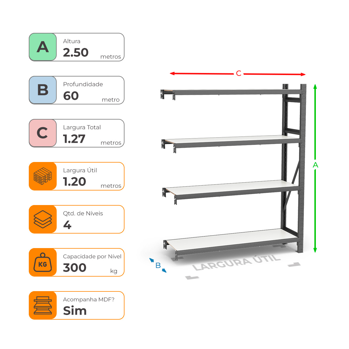 Mini Porta Paletes Complementar A250xL120xP60 - 4 Níveis 300 Kg Por Nível Com MDF