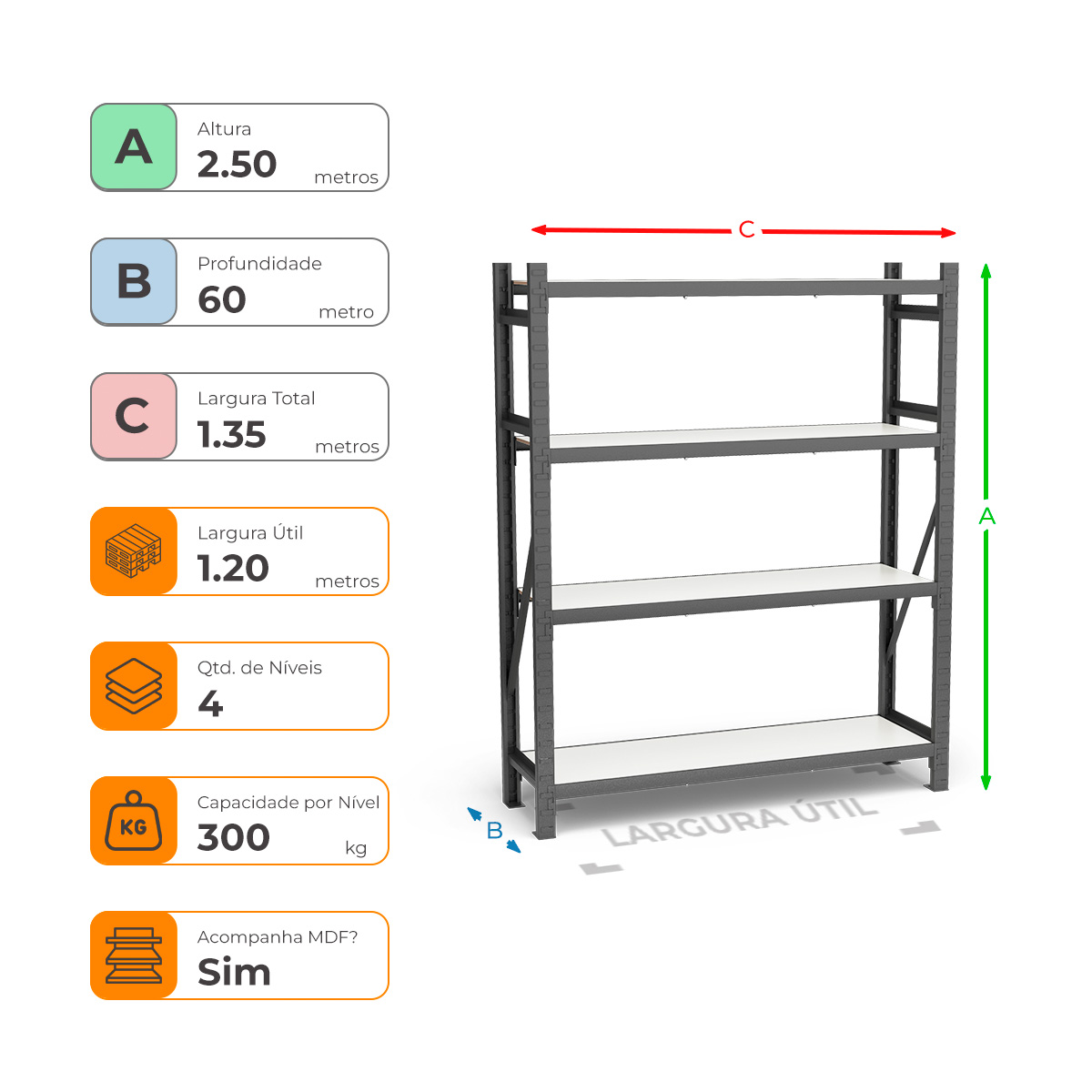 Mini Porta Paletes Inicial A250xL120xP60 - 4 Níveis 300 Kg Por Nível Com MDF