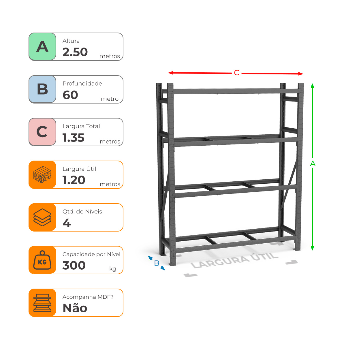 Mini Porta Paletes Inicial A250xL120xP60 - 4 Níveis 300 Kg Por Nível Sem MDF