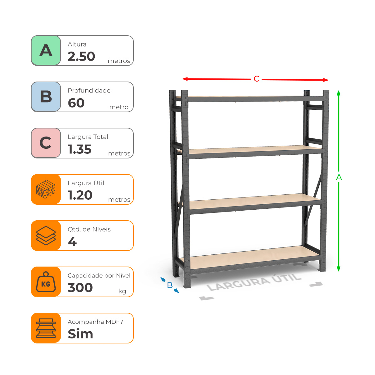 Mini Porta Paletes Inicial A2.50xL1.20xP0.60 - 4 Níveis 300 Kg por Nível MDF Std