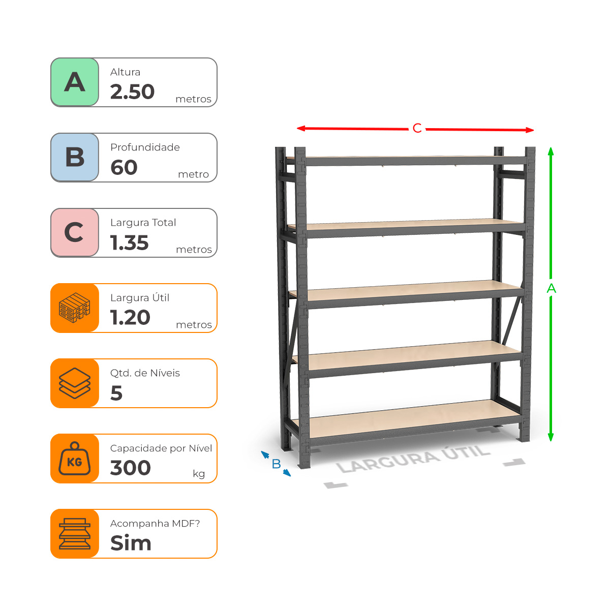 Mini Porta Paletes Inicial A2.50xL1.20xP0.60 - 5 Níveis 300 Kg por Nível MDF Std