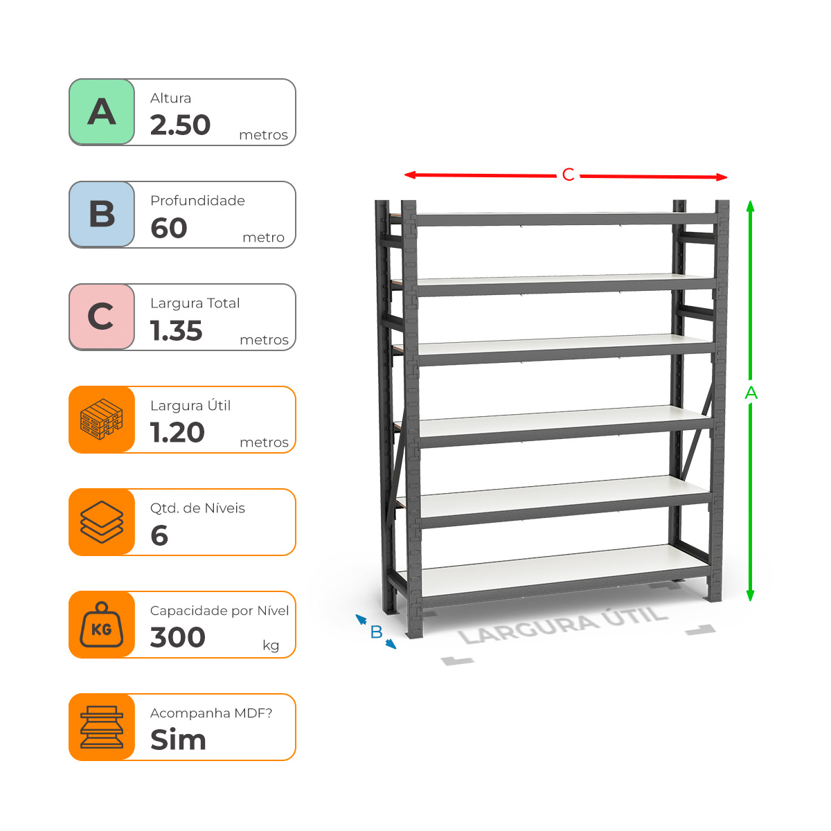 Mini Porta Paletes Inicial A250xL120xP60 - 6 Níveis 300 Kg Por Nível Com MDF