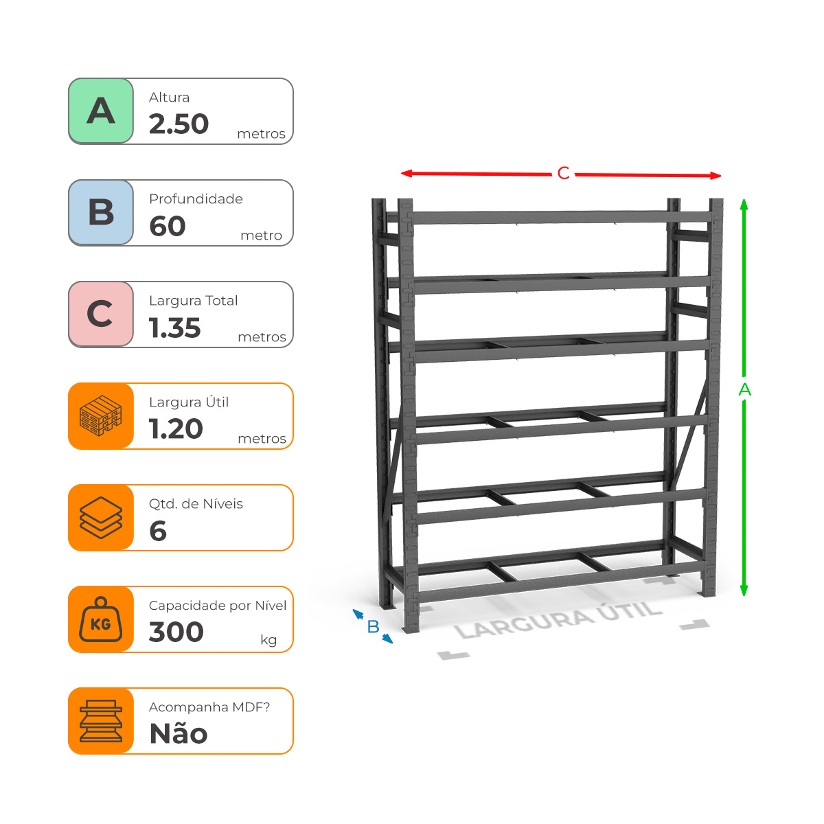 Mini Porta Paletes Inicial A250xL120xP60 - 6 Níveis 300 Kg Por Nível Sem MDF