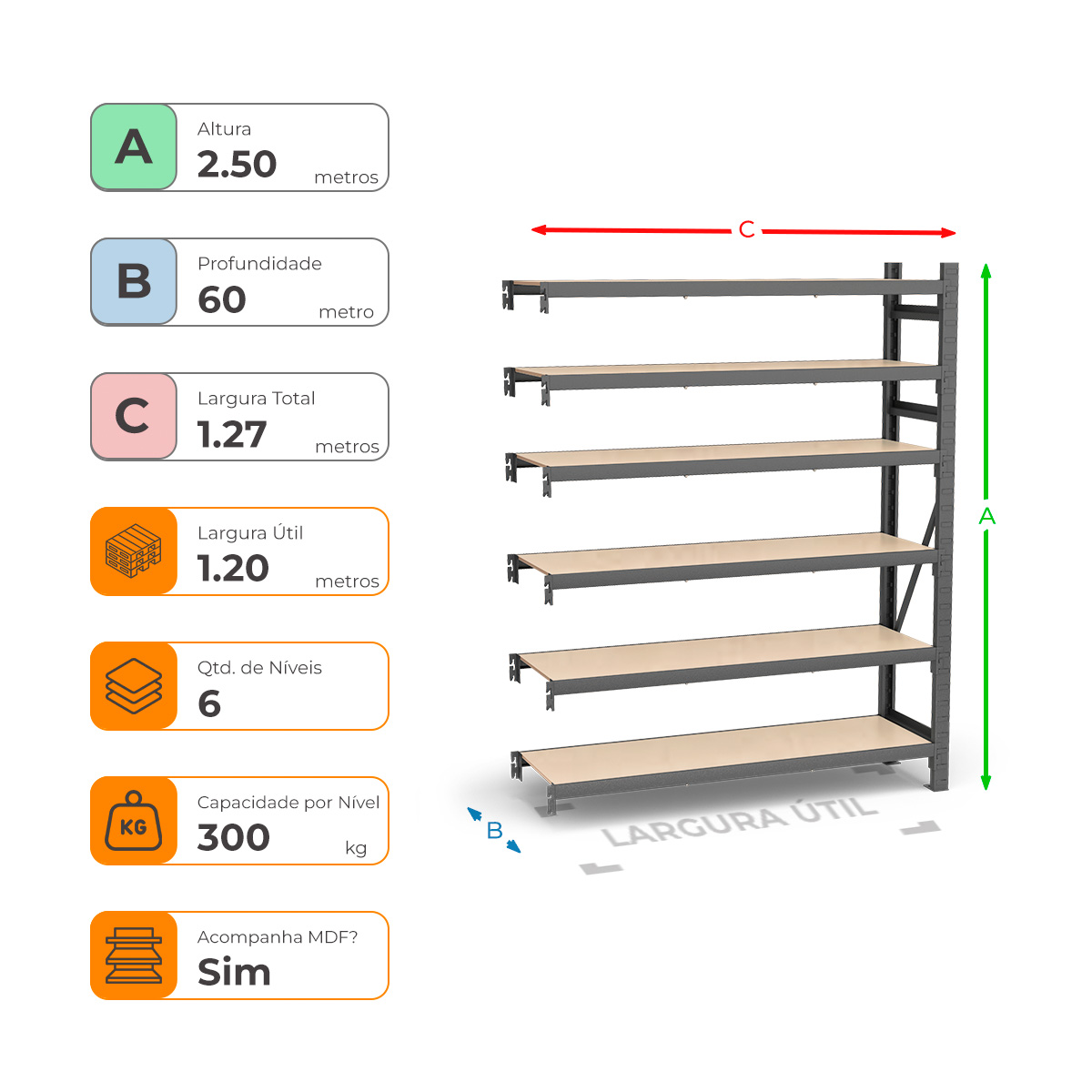 Mini Porta Paletes Complementar A2.50xL1.20xP0.60 - 6 Níveis 300 Kg por Nível MDF Std
