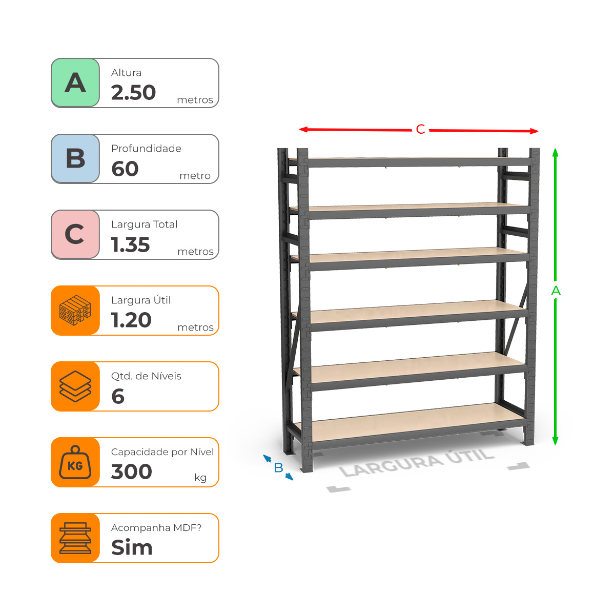 Mini Porta Paletes Inicial A2.50xL1.20xP0.60 - 6 Níveis 300 Kg por Nível MDF Std