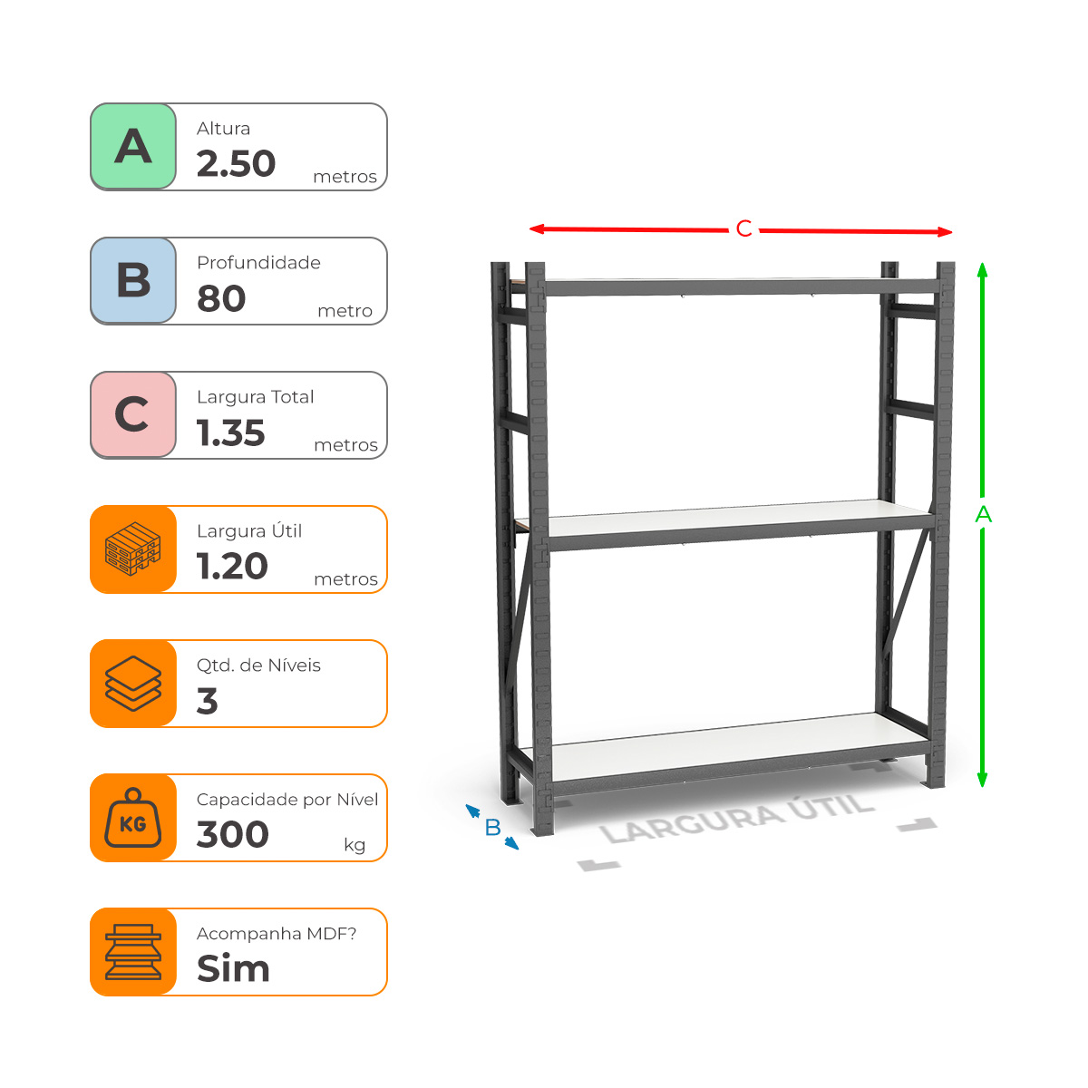 Mini Porta Paletes Inicial A250xL120xP80 - 3 Níveis 300 Kg Por Nível Com MDF