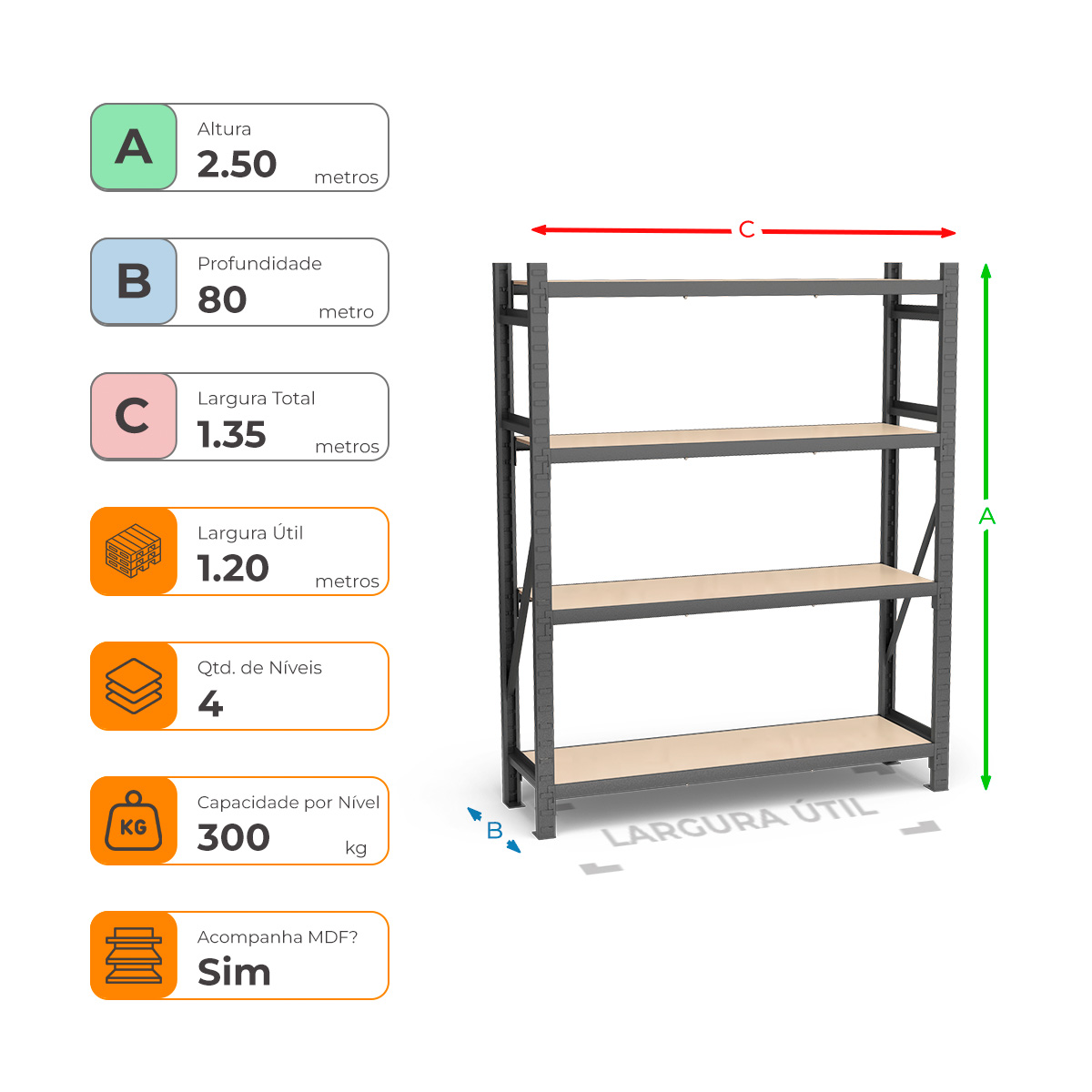 Mini Porta Paletes Inicial A2.50xL1.20xP0.80 - 4 Níveis 300 Kg por Nível MDF Std