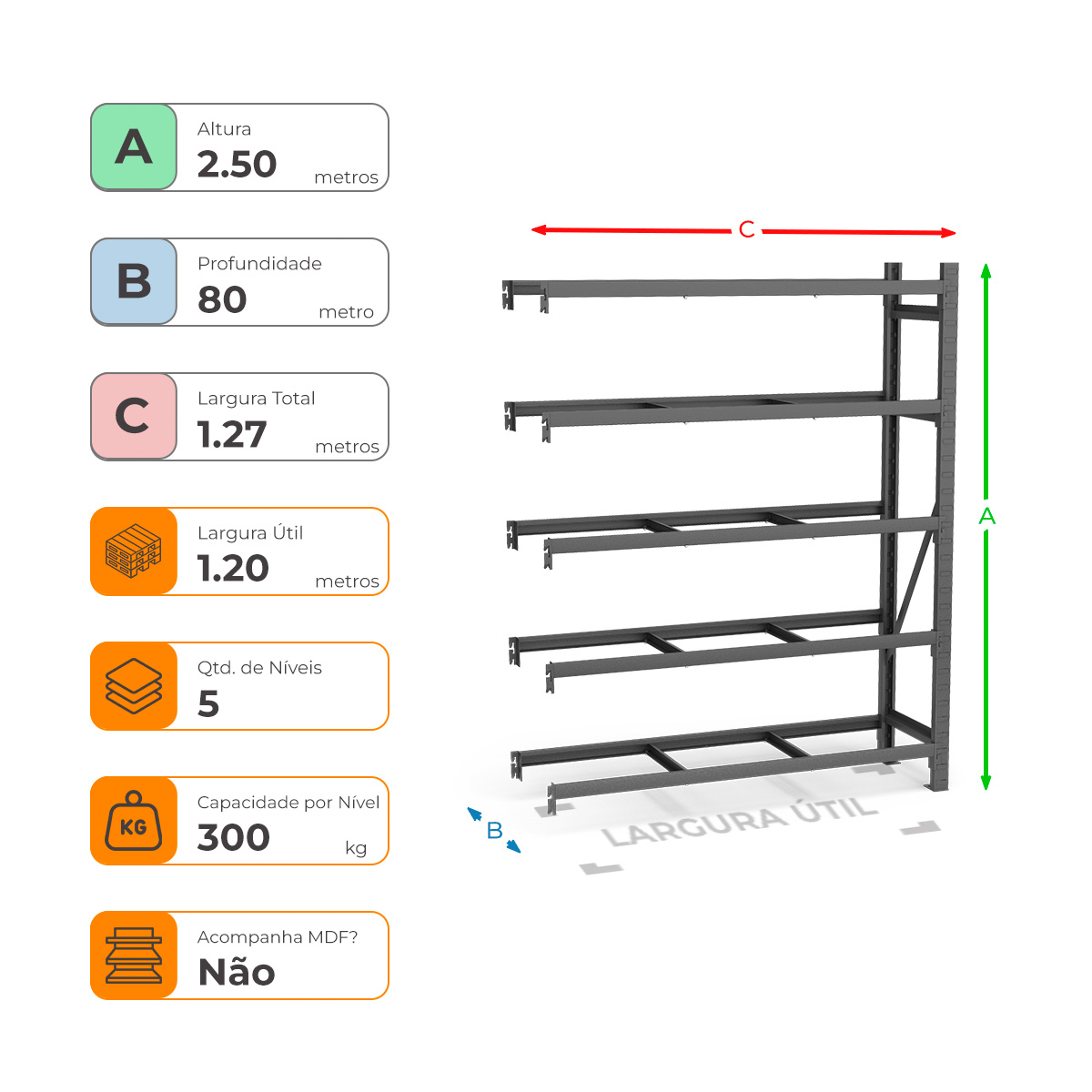 Mini Porta Paletes Complementar A250xL120xP80 - 5 Níveis 300 Kg Por Nível Sem MDF