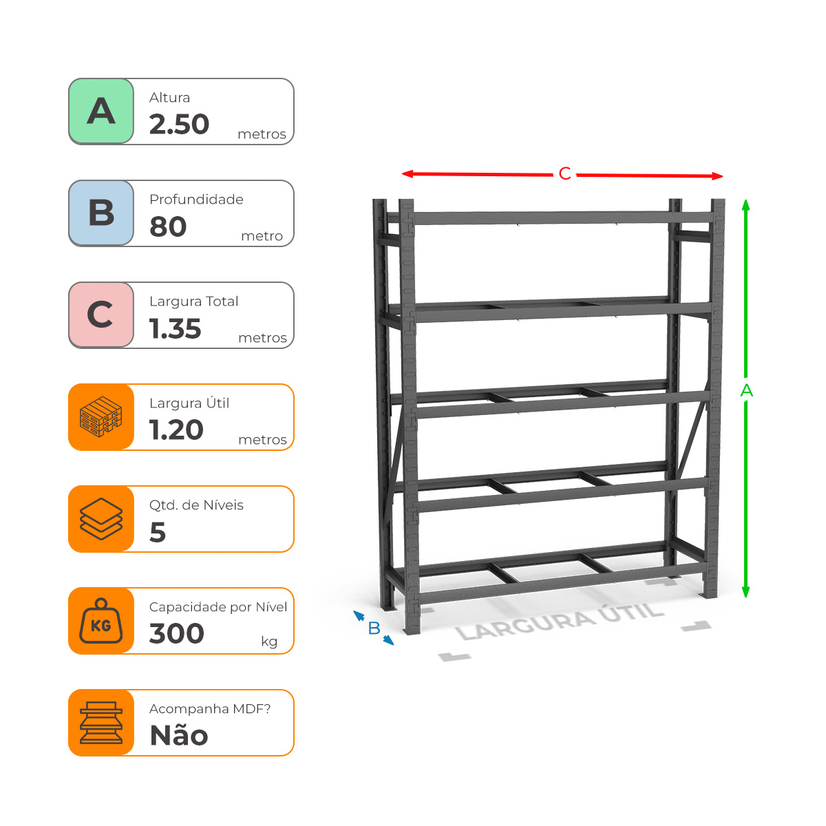Mini Porta Paletes Inicial A250xL120xP80 - 5 Níveis 300 Kg Por Nível Sem MDF