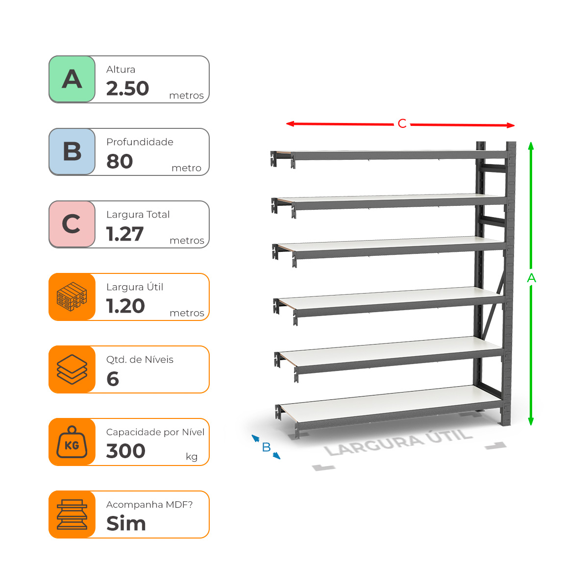 Mini Porta Paletes Complementar A250xL120xP80 - 6 Níveis 300 Kg Por Nível Com MDF