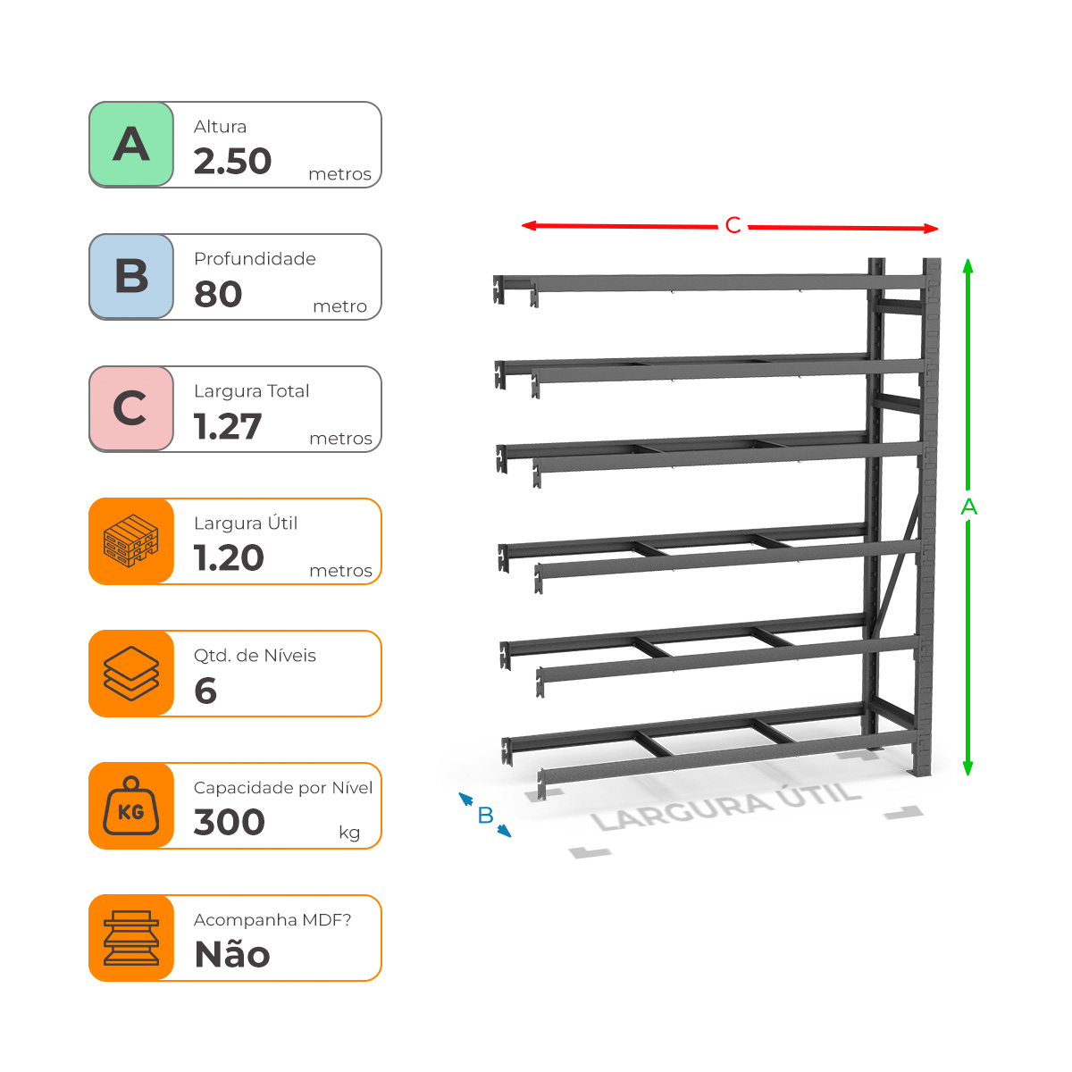 Mini Porta Paletes Complementar A250xL120xP80 - 6 Níveis 300 Kg Por Nível Sem MDF