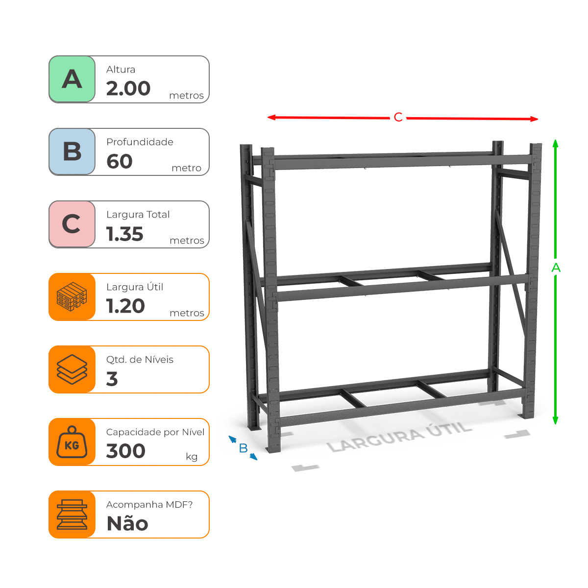Mini Porta Paletes Inicial A200xL120xP60 - 3 Níveis 300 Kg Por Nível Sem MDF
