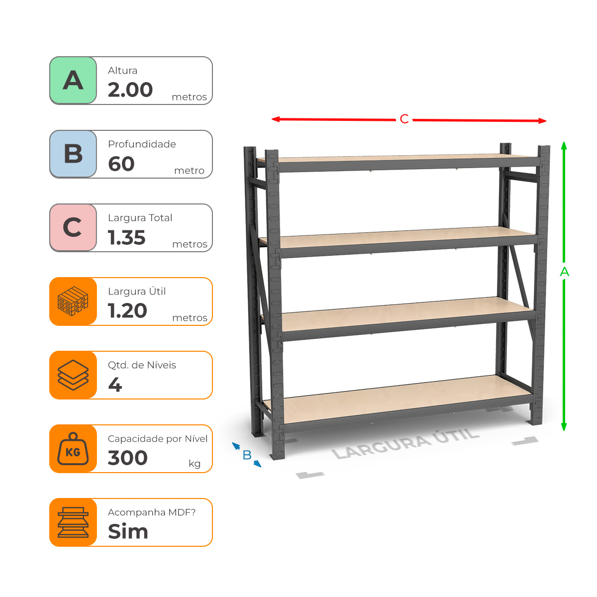 Mini Porta Paletes Inicial A2.00xL1.20xP0.60 - 4 Níveis 300 Kg por Nível MDF Std