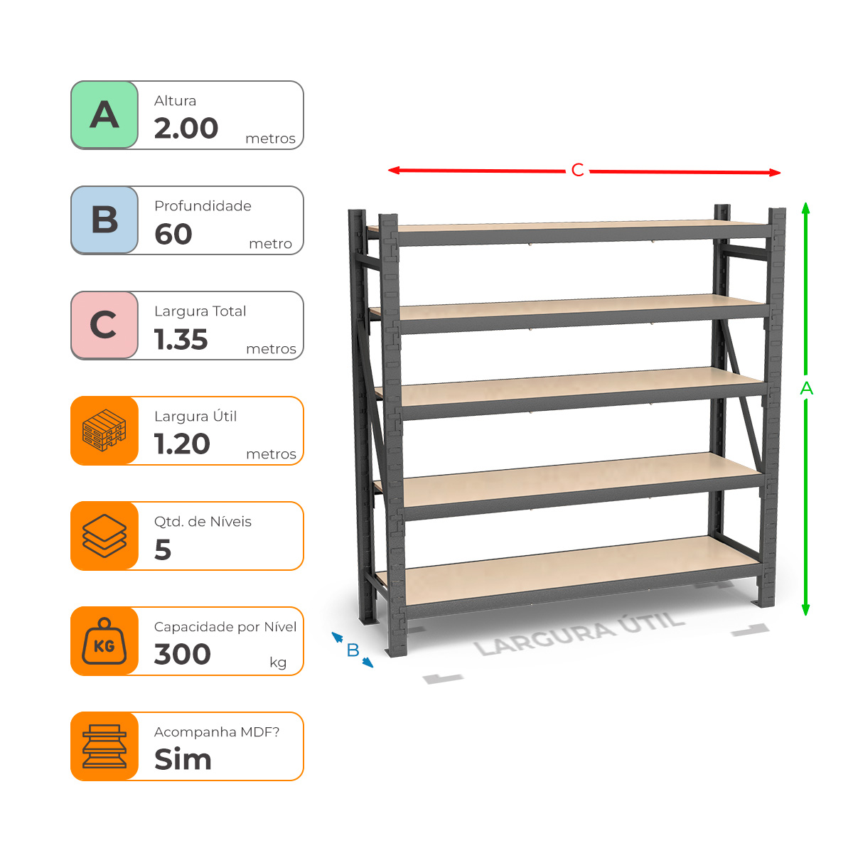 Mini Porta Paletes Inicial A2.00xL1.20xP0.60 - 5 Níveis 300 Kg por Nível MDF Std