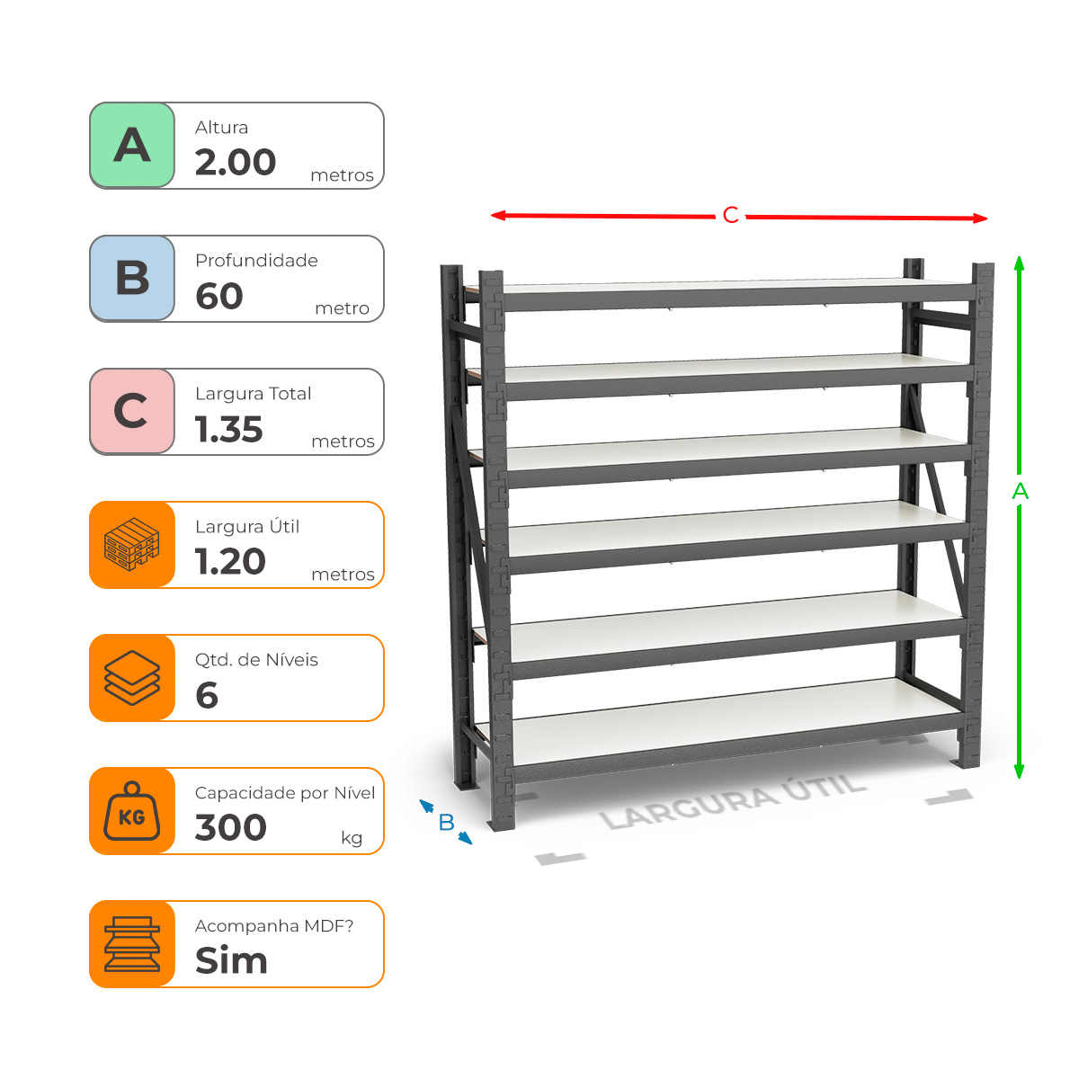 Mini Porta Paletes Inicial A200xL120xP60 - 6 Níveis 300 Kg Por Nível Com MDF