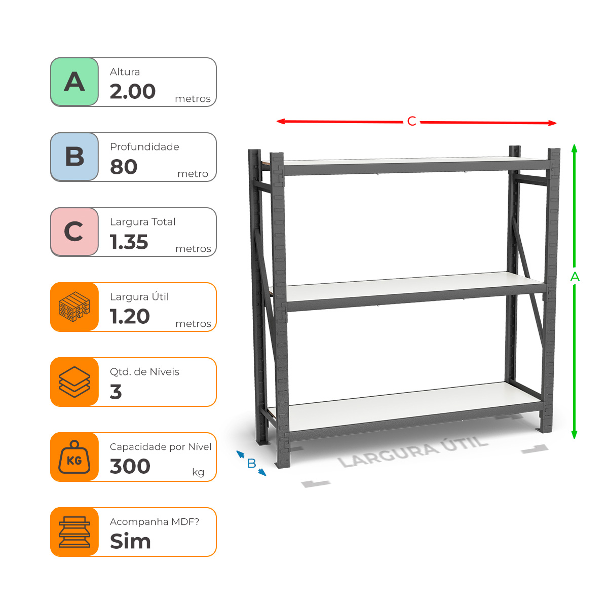 Mini Porta Paletes Inicial A200xL120xP80 - 3 Níveis 300 Kg Por Nível Com MDF
