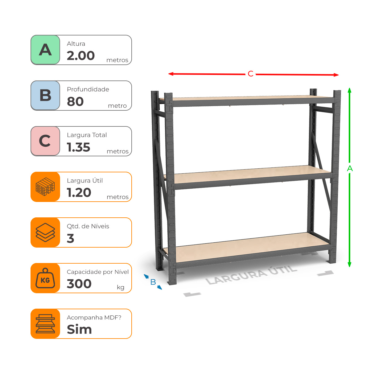 Mini Porta Paletes Inicial A2.00xL1.20xP0.80 - 3 Níveis 300 Kg por Nível MDF Std