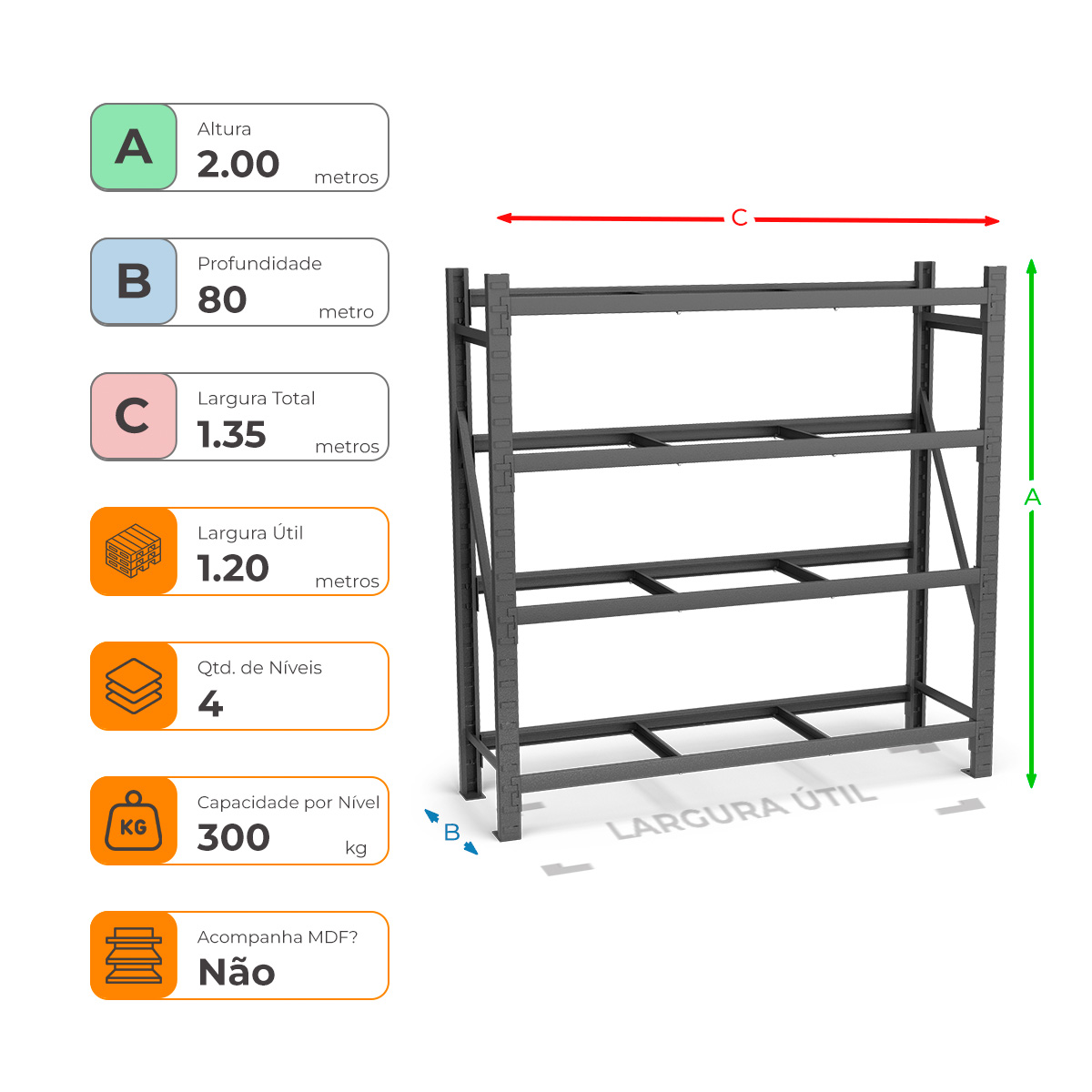 Mini Porta Paletes Inicial A200xL120xP80 - 4 Níveis 300 Kg Por Nível Sem MDF